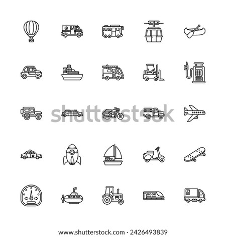 transportation, transport and vehicle vector icon set design outline style. perfect use for logo, presentation, website, and more. modern icon set design line style