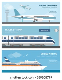 Transportation and travel banner set: airport with airplanes, a train at the railway station and a cruise ship sailing