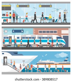 Transportation and travel banner set: business people and tourists at the airport, at the railway station and boarding on a luxury cruise ship