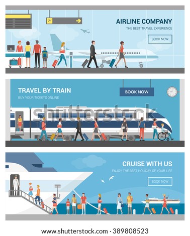 Transportation and travel banner set: business people and tourists at the airport, at the railway station and boarding on a luxury cruise ship