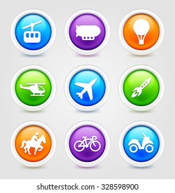 Transportation Travel and Exploration on Colorful Round Buttons