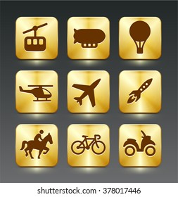 Transportation Travel and Exploration on Gold Square Buttons