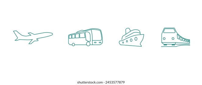 Transportation Travels: Airplane, Bus, Cruise Ship, and Train Vector Icons