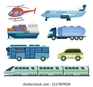 Transportation types collection. Helicopter, plane, ship, tanker, bus, automobile, train. Public and cargo transportable vehicles set. Editable vector illustration isolated on a white background.