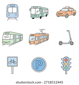 Conjunto de iconos planos de Transporte y movilidad Urbana: tren, autobús, taxi, tranvía, scooter y señales de tráfico