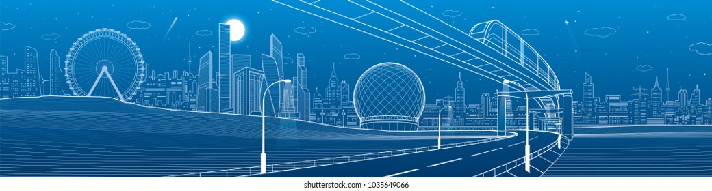 Transportation urban panorama. Monorail railway. Train on bridge. Illuminated highway. Skyline modern city at background. Business buildings. White lines on blue background. Vector design art