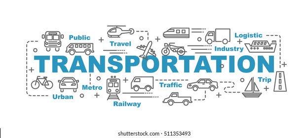 concepto de diseño de banners vectoriales de transporte, estilo plano con iconos de transporte de arte delgado sobre fondo blanco
