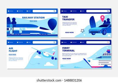 Transportation vector banners. Ferry terminal, air flight, taxi, railway station landing page collection