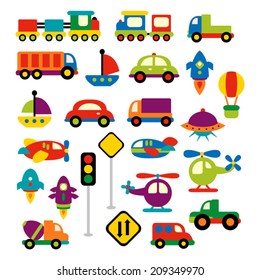 Transportation vector clip art in bright colors. Trains, trucks, cars, boat, planes, helicopters, rockets, traffic signs.