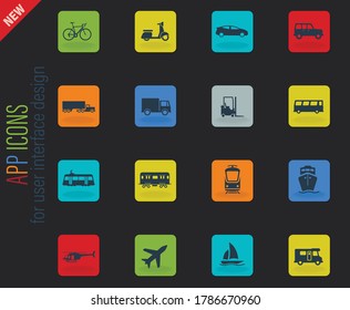 Transportation vector color web icons on dark background for user interface design