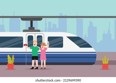 Transportation vector concept. Happy young couple take selfie photo with cellphone while standing in the train station