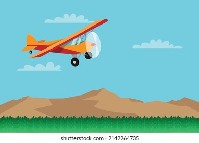 Transportation vector concept. Male pilot riding a plane while flying above green forest
