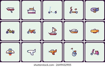 Transportation vector icon collection featuring diverse vehicle illustrations