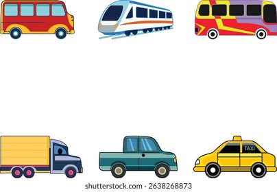 Transportation Vector icon Set illustration like Car, Bus, Taxi, Train, Cab, A collection of transportation colorful and line art vector icon design set