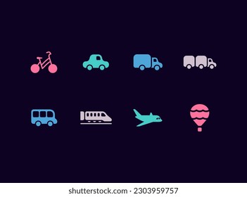 Transportation vector icon set. Kinds of vehicles. Air, road, water and space transport icons.