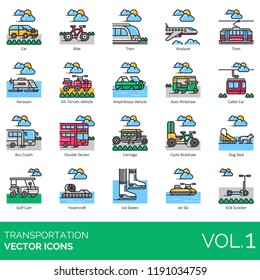 Transportation vector icons. Car, bike, train, airplane, tram, aerosani, amphibious vehicle, auto rickshaw, bus coach, double decker, carriage, cycle, dog sled, golf cart, hovercraft, scooter.