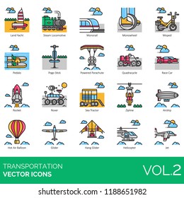 Transportation vector icons. Land yacht, steam locomotive, monorail, moped, pedalo, pogo stick, parachute, race car, rocket, rover, sea tractor, zipline, airship, hot air balloon, glider, helicopter.