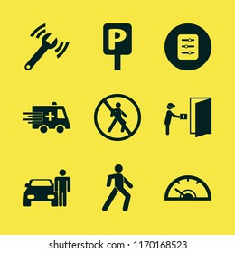 transportation vector icons set. with diagnostycs wrench, parking sign, ambulance car and courier gives parcel in set