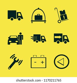 transportation vector icons set. with man with car, diagnostycs wrench, fast delivery truck and baggage cart in set