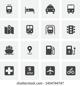 Transportation vector icons set, modern solid symbol collection, filled style pictogram pack. Signs, logo illustration. Set includes icons as tram, bus, car, auto, fuel, plane, bicycle, ship, train