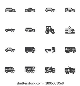 Transportation vector icons set, modern solid symbol collection, filled style pictogram pack. Signs logo illustration. Set includes icons as concrete mixer, bus city transport,  car, pickup automobile