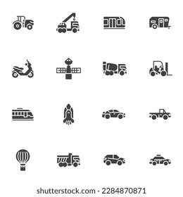 Transportation vector icons set, modern solid symbol collection, filled style pictogram pack. Signs, logo illustration. Set includes icons as tractor, train, sedan car, truck, boat, scooter, satellite