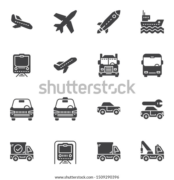 Transportation vector icons set, modern solid symbol\
collection, filled style pictogram pack. Signs, logo illustration.\
Set includes icons as spaceship, airplane, railway train, taxi car,\
metro, ship