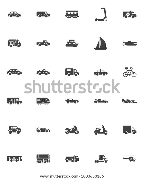 Transportation vector icons set, modern solid symbol\
collection, transport filled style pictogram pack. Signs, logo\
illustration. Set includes icons as delivery truck, airplane,\
helicopter, ship\
boat