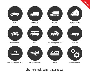 Transportation vector icons set. Travelling and driving concept. Different kinds of vehicles, cars, minibus, truck, motorhome, motorbike, water and air transport, train. Isolated on white