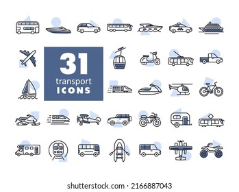 Conjunto de iconos aislados del vector de transporte. Símbolo gráfico del sitio web de viajes y turismo y diseño de aplicaciones, logotipo, aplicación, interfaz de usuario