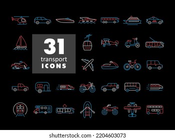 Transportation vector isolated on black background icon set. Graph symbol for travel and tourism web site and apps design, logo, app, UI