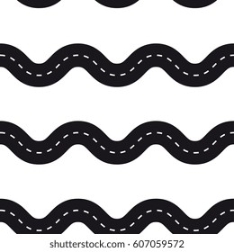 Transportation vector seamless texture. Curved road with white lines. Black and white Vector illustration. Road isolated on white background