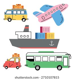 Conjunto de Vector de Transporte mini coche eléctrico avión barco y autobús público ilustración