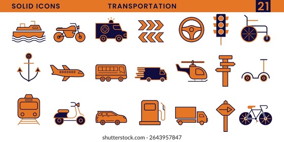 Transportation Vector Solid Icon Set. Different Types of Vehicle Solid Icons. Travel and Transit Outline Icons.