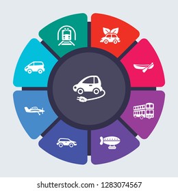 transportation vector template for infographics. Business concept with 9 options, steps, parts, segments. Banner infographic cycling diagram, round chart, Electric car, eighteen-wheeler icons