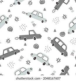 Transportation vehicle background for children. Seamless pattern vector with hand drawn vintage cars in cartoon style. Use for prints, decorative wallpaper, fabrics, textiles.