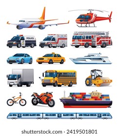 Recogida de vehículos de transporte. Varios tipos de vehículos. Ilustración de dibujos animados