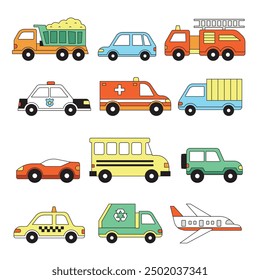 Vehículo de Transporte que dibuja el Vector de los niños del garabato conjunto de iconos Ciudad ocupada conjunto plano de coches de colección, camiones, camión de bomberos, taxi, ambulancia, avión, camión de volteo, jeep