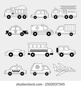 Transportation vehicle drawing doodle children vector set icon symbol busy city flat set collection cars, trucks, firetruck, taxi, ambulance, airplane, dump truck, jeep