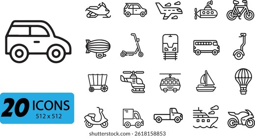 Transportation and Vehicle Icon Set: 20 Outline Vector Illustrations Representing Modes of Travel