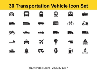 Transportation and Vehicle Icon Set – Black Vector Glyph Pictograms of Travel, Transit, Car, Train, Bus, Boat, Airplane, and More