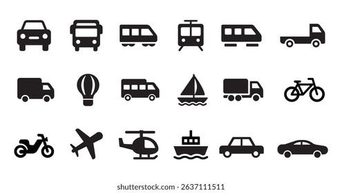 Transportation vehicle icon set. car, bike, bus, train, plane, ship, and boat black silhouette illustration
