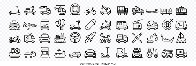 Transportation and Vehicle Icon Set – Cars, Trucks, Trains, Planes, Ships, Bikes, Scooters, Delivery, Cargo, Urban Travel and Logistics Icons, Transportation or Vehicle Icon