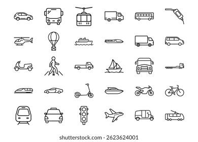 Conjunto de Ícones de Transporte e Veículo - Símbolos de Viagens, Trânsito Público e Logística em Vetor de Arte de Linha