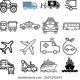 Transportation and Vehicle Icon Set – Line Style Vector Symbols for Land, Air, and Sea Travel