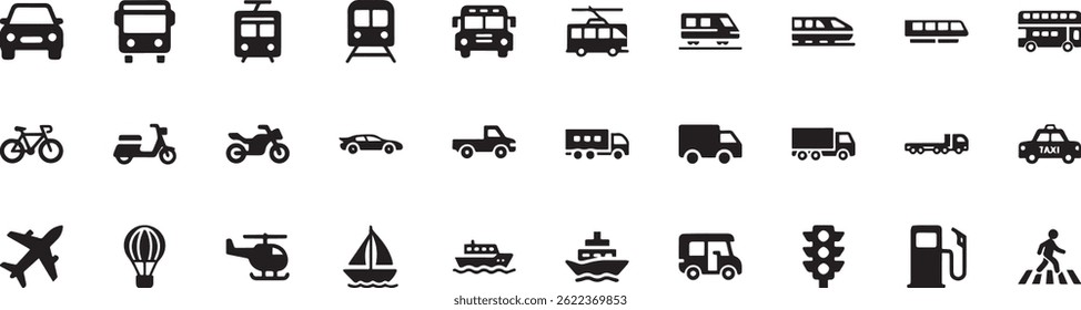 Transportation, vehicle icon set. Vector glyph pictograms of travel, logistics, public transit concepts, car, train, bus, bicycle, boat, and airplane black silhouette illustration.