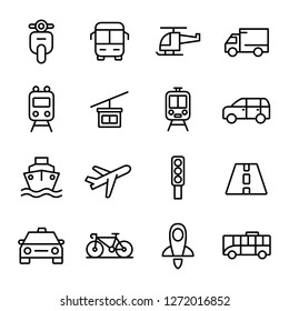Transportation and vehicle icons pack. Isolated transportation and vehicle symbols collection. Graphic icons element