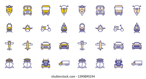 Transportation and vehicle icons pack. Isolated transportation and vehicle symbols collection. Graphic icons element