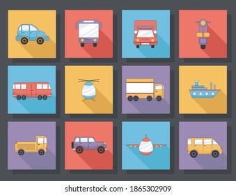 Transportation vehicle icons set. Airplane, Public Bus, Train, Ship, Ferry and Auto Signs. 12 icons in flat style  on the theme of transport. Vector illustration
