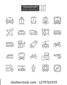 Transportation and vehicle icons. Simple set of transport related vector line icons. Transport outline icons